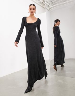 Asos Design Long Sleeve Scoop Neck Knitted Maxi Dress In Charcoal-gray