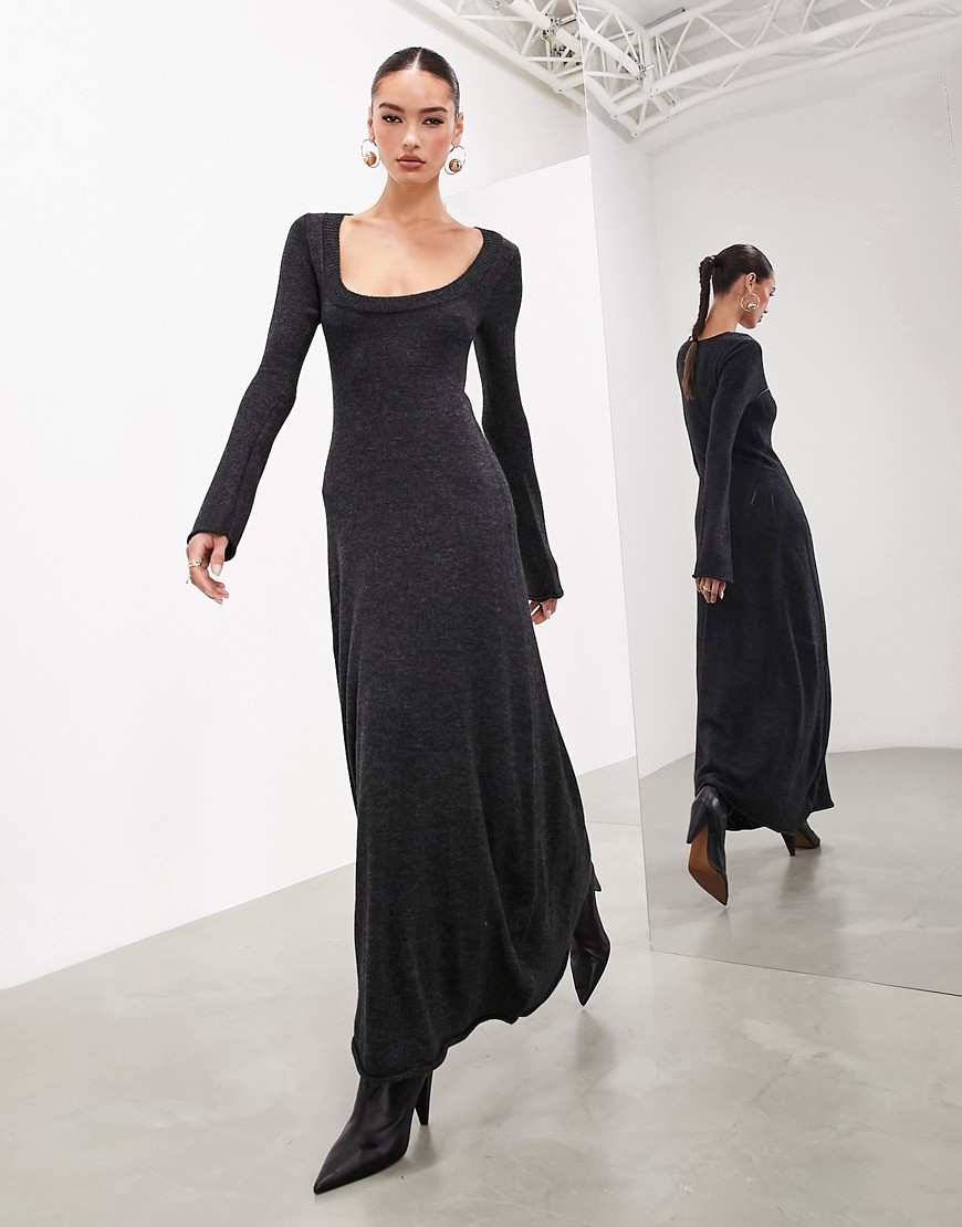 ASOS EDITION long sleeve scoop neck knitted maxi dress in charcoal-Grey