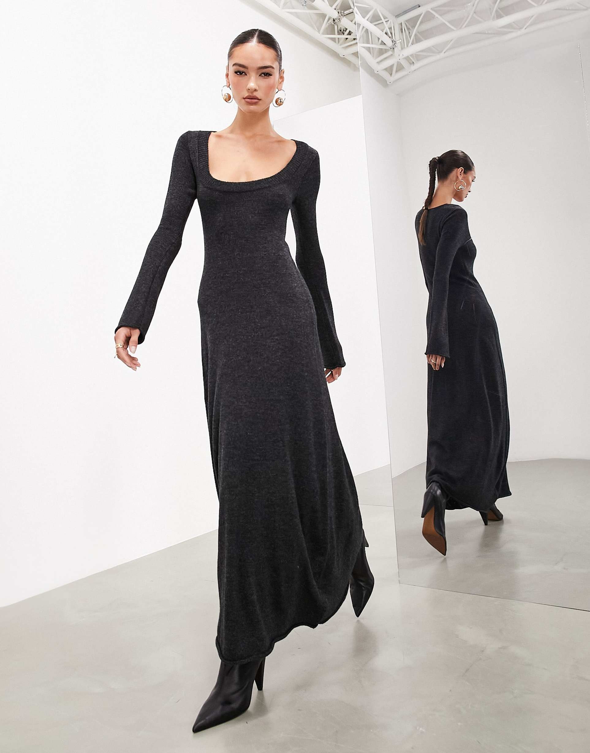 asos edition long sleeve scoop neck knitted maxi dress in charcoal