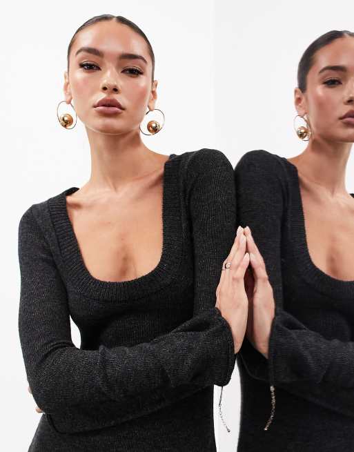 ASOS EDITION long sleeve scoop neck knitted maxi dress in charcoal