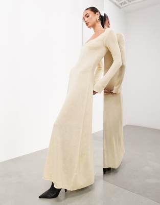 Asos Design Flutter Sleeve Plunge Maxi Beach Dress In Ivory-white