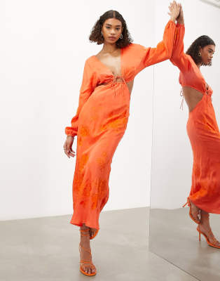 Asos Design Long Sleeve Tonal Floral Embroidered Midi Dress In Bright Orange