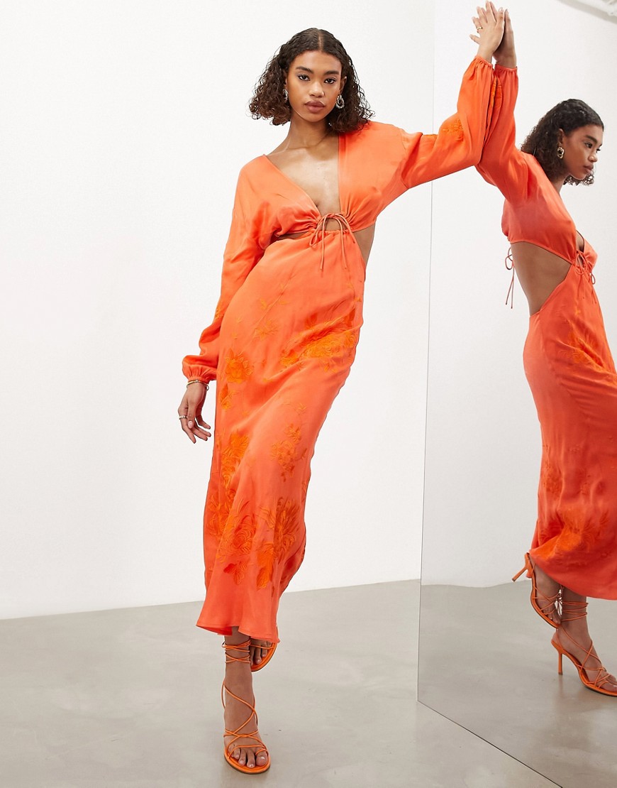ASOS EDITION long sleeve tonal floral embroidered midi dress in bright orange