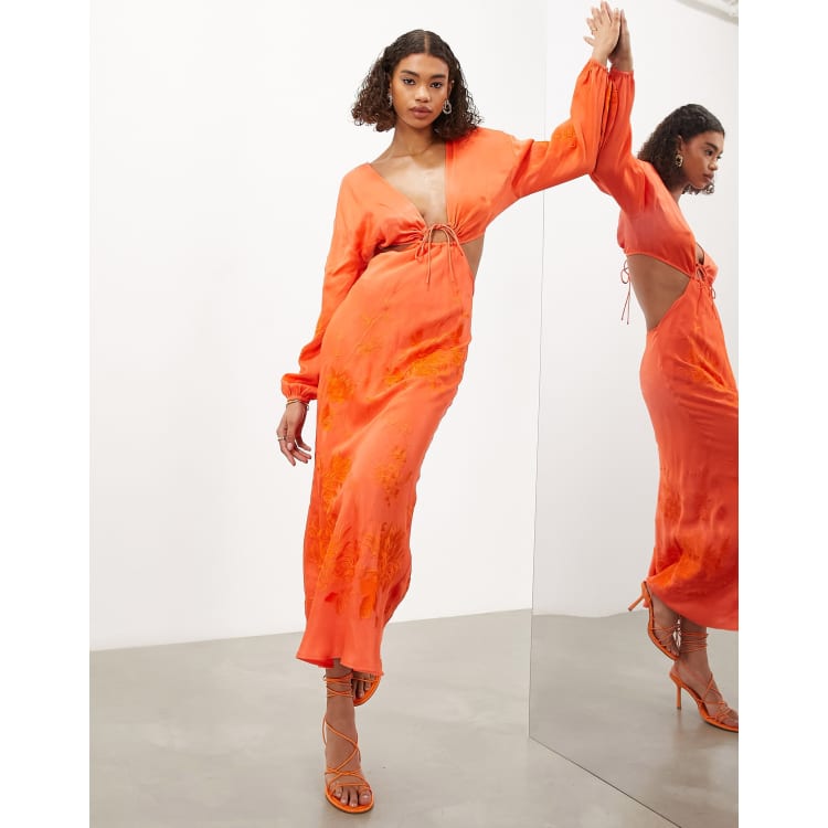 Zara Orange Printed Longer Length Midi Satin Bias Cut Elegant