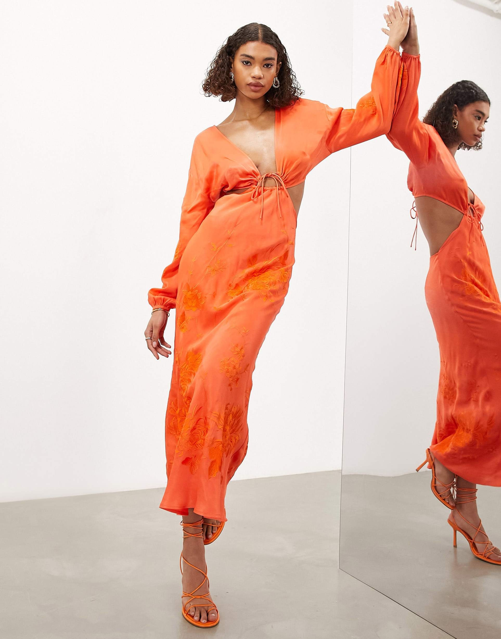 asos edition long sleeve tonal floral embroidered midi dress in bright orange
