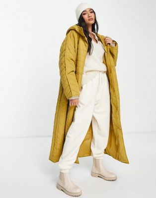 ASOS EDITION longline quilted jacket with hood in ochre