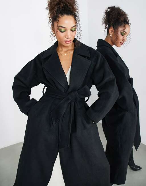 ASOS EDITION – Longline-Wollmixmantel mit Gürtel in Schwarz, 3 von 4