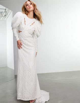 ASOS EDITION Lori eyelash lace puff sleeve wedding dress with cut out detail