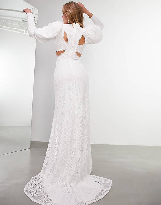 Women Lori eyelash lace puff sleeve wedding dress with cut out detail 