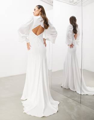 Asos Design Lucinda Satin Blouson Sleeve Maxi Dress With Seam Details And Cut Out Back In Ivory-white