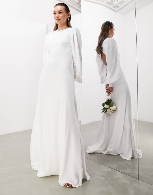 ASOS EDITION Lucinda satin blouson sleeve maxi wedding dress with seam details and cut out back in ivory