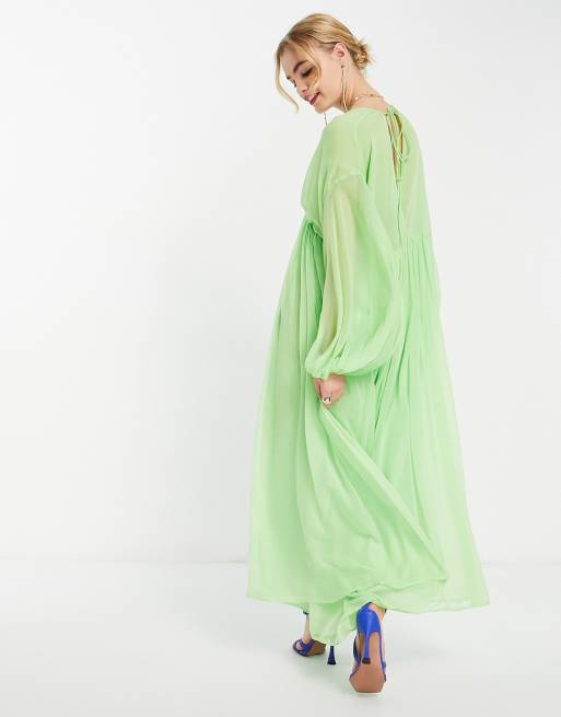 ASOS EDITION - Lysegrøn midikjole med V-hals og ærmer med løbesnore, 2 af 4
