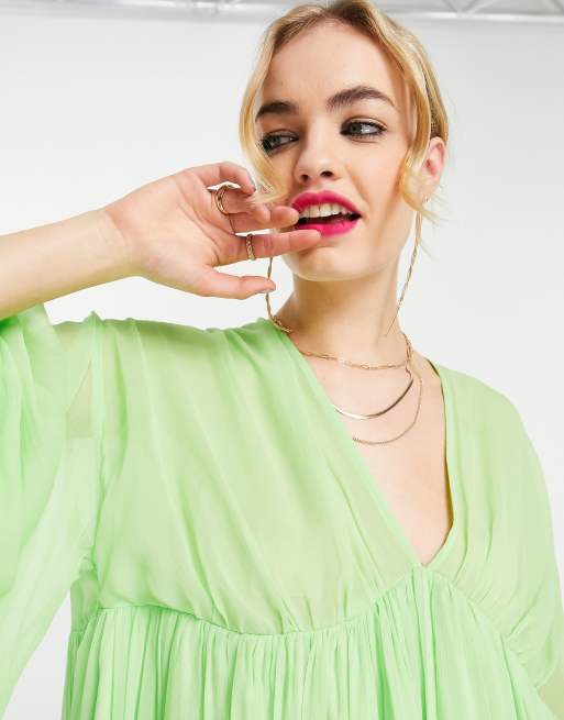 ASOS EDITION - Lysegrøn midikjole med V-hals og ærmer med løbesnore, 3 af 4