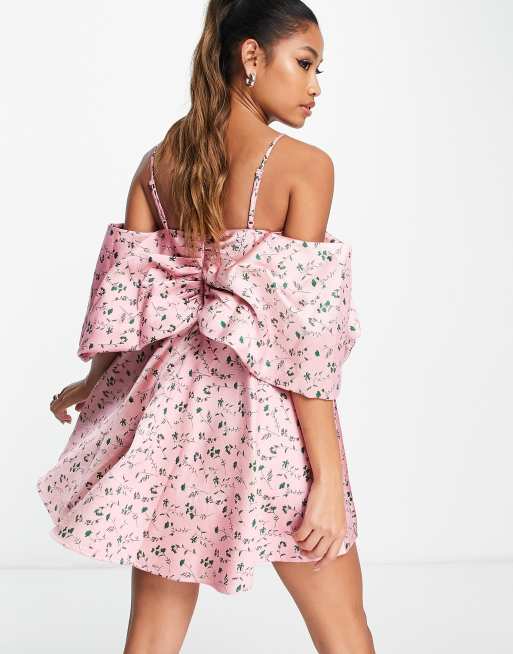 ASOS EDITION - Lyserød offshoulder-minikjole i jacquard med draperede ærmer og blomstermønster, 2 af 4