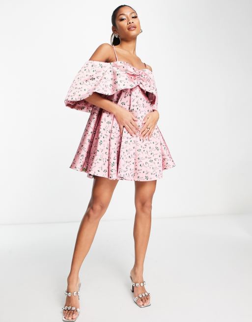 ASOS EDITION - Lyserød offshoulder-minikjole i jacquard med draperede ærmer og blomstermønster, 4 af 4
