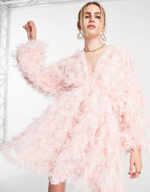 ASOS EDITION - Lyserød trapez-formet minikjole med blouson-ærmer og V-hals i mesh med tekstur