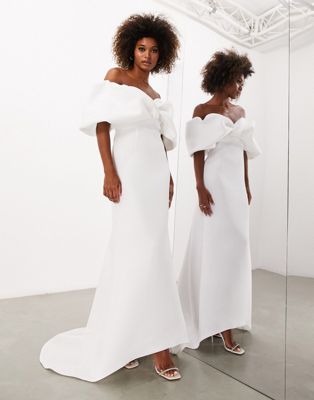 Asos Design Asos Edition Maeve Sculpted Off Shoulder Wedding Dress In Ivory-white