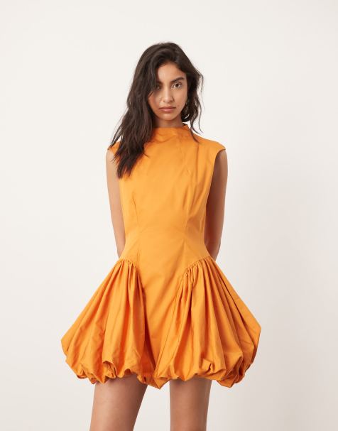 ASOS EDITION - Mango-orange højhalset minikjole med puffet design og sænket talje - view 1