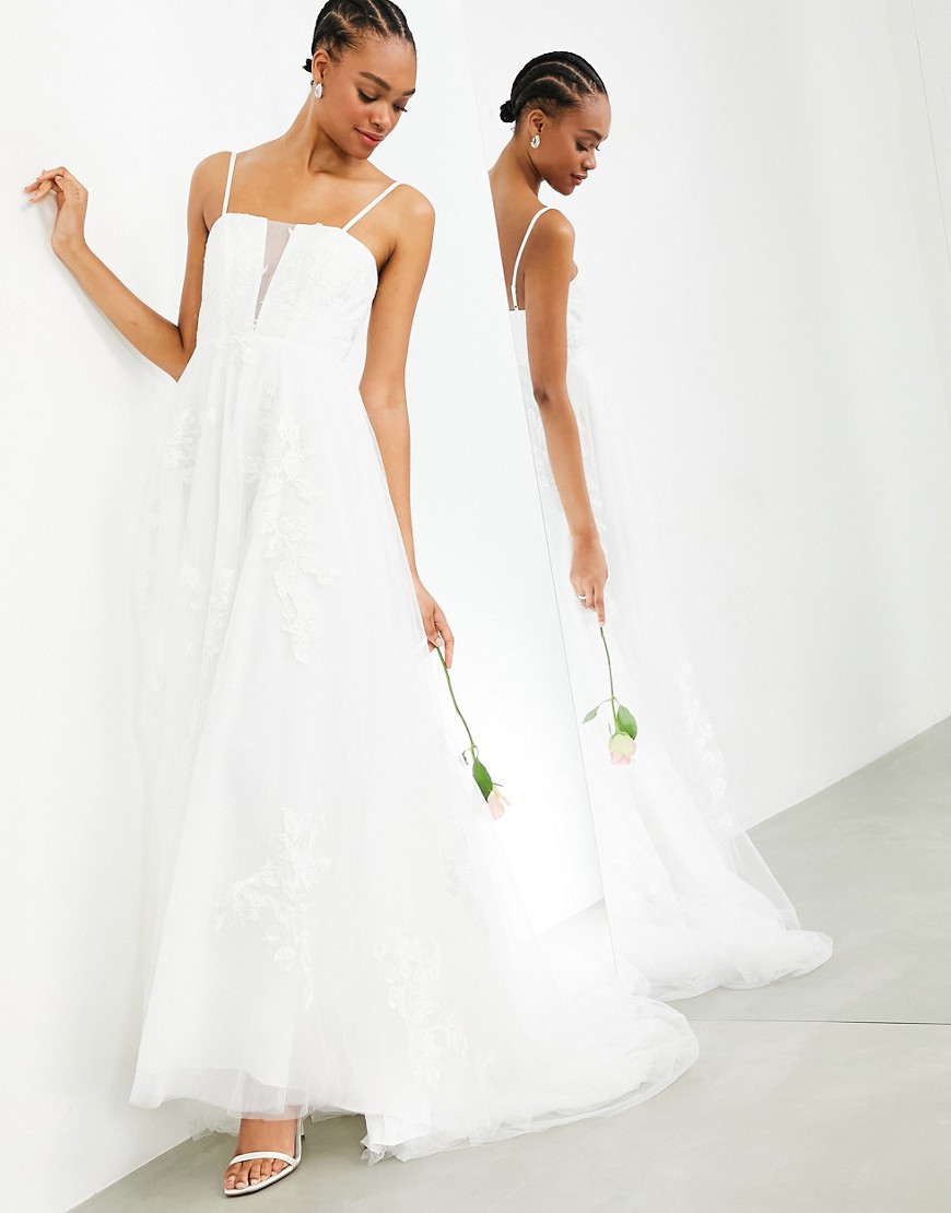 Asos Design Margot Super Plunge Floral Embroidered Wedding Dress With Skinny Straps-white