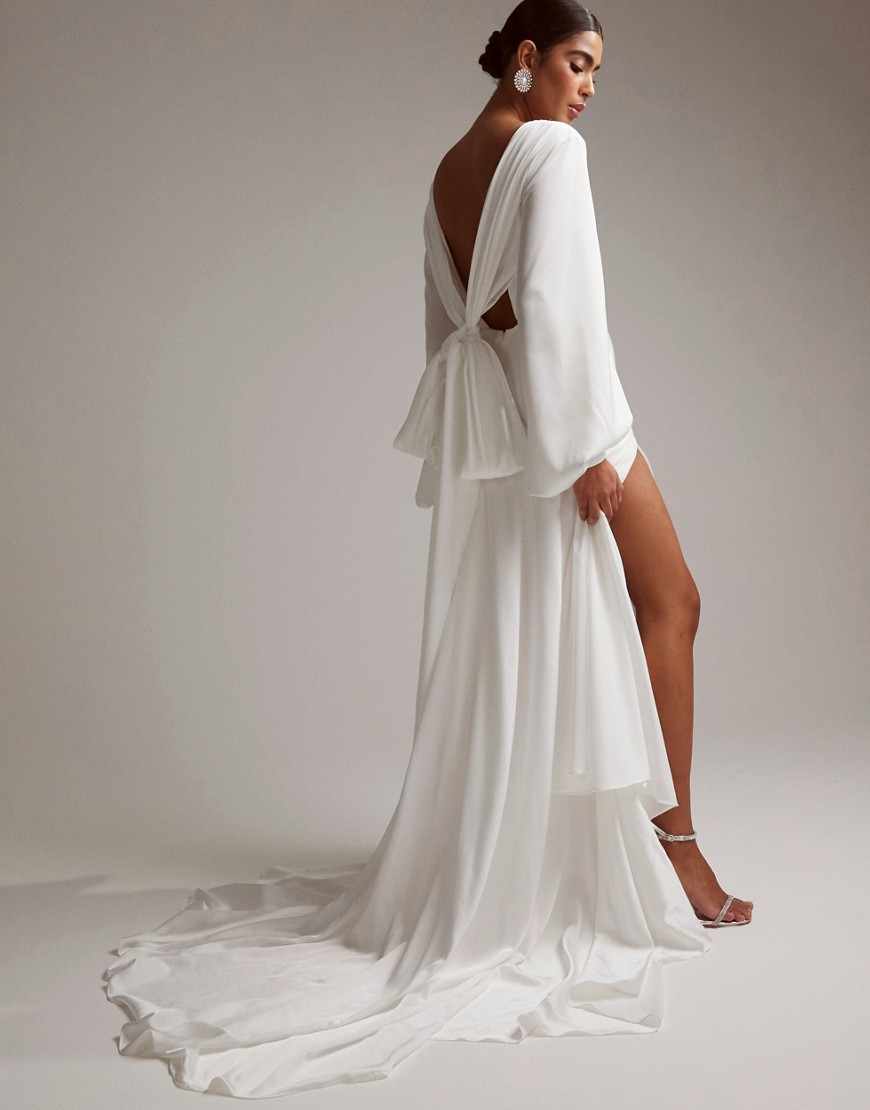Asos Design Mary Satin Wedding Dress With Drape Bow Back And Blouson Sleeves In Ivory-white