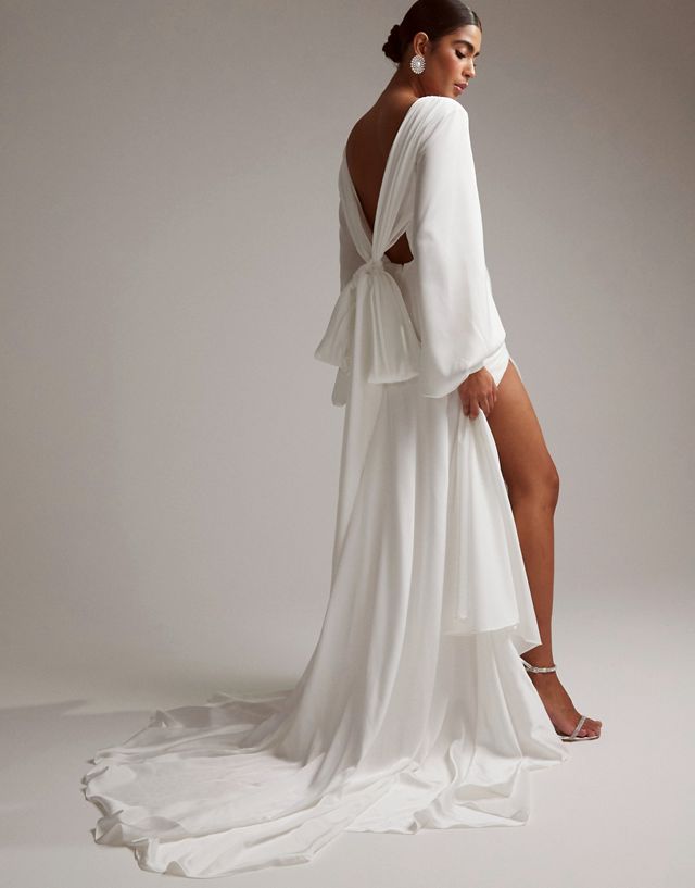 ASOS EDITION Mary satin wedding dress with drape bow back and blouson sleeves in ivory