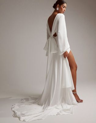 ASOS DESIGN Mary satin wedding dress with drape bow back and blouson sleeve in