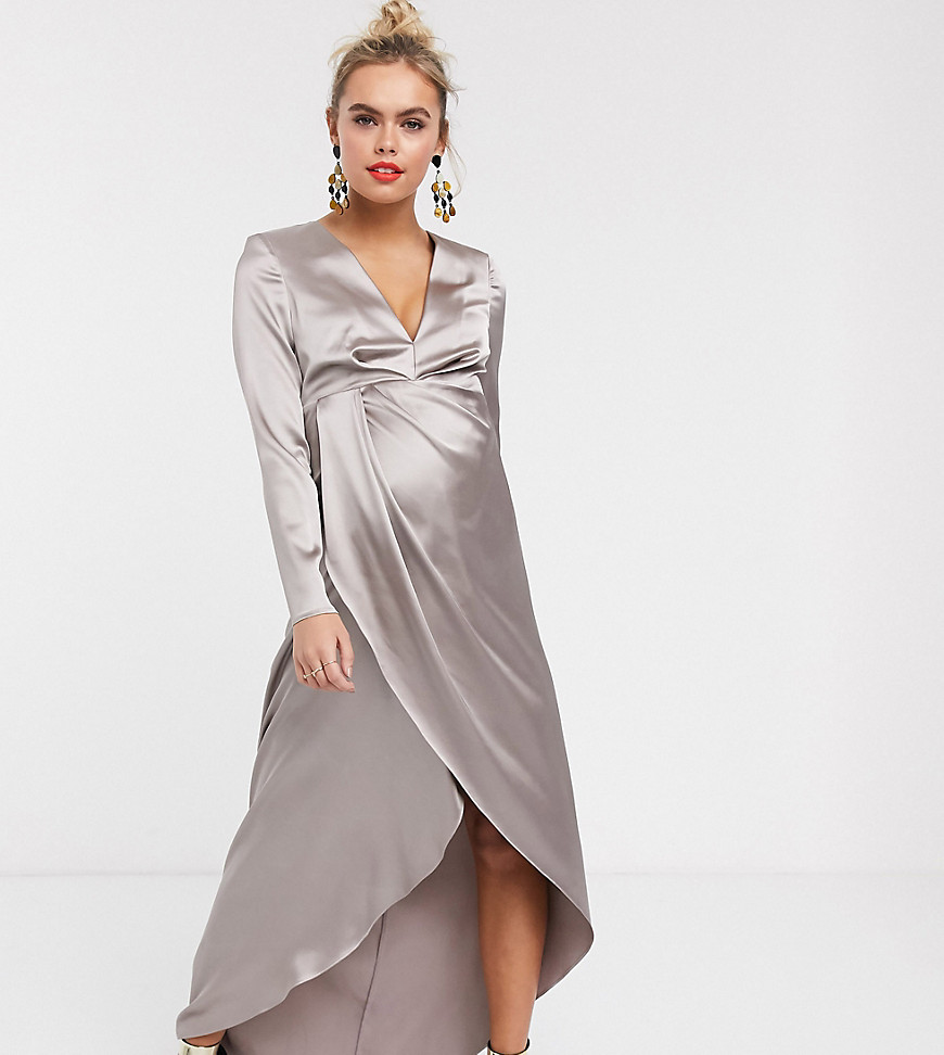ASOS EDITION Maternity - Satijnen lange jurk met zijsplit-Zilver
