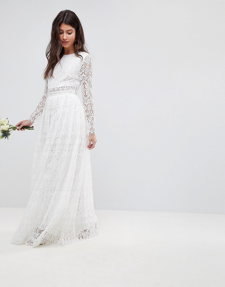 ASOS EDITION – Maxi bryllupskjole med blonder og croptop med lange ærmer-Hvid