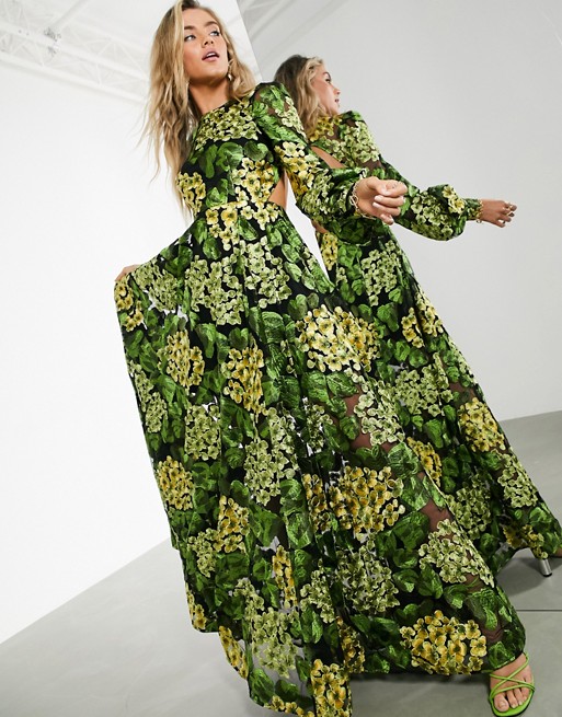 ASOS EDITION maxi dress with blouson sleeve and open back in yellow embroidery