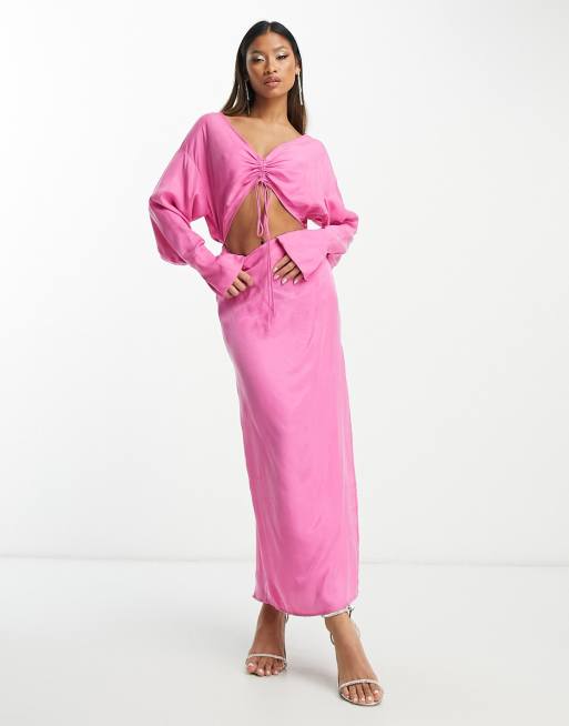 FhyzicsShops EDITION maxi jean dress with drawstring bust and cut out in pink