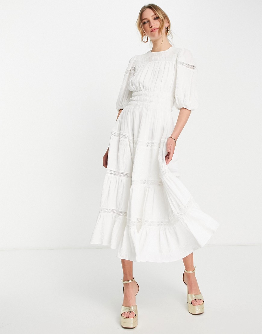Asos Design Maxi Dress With Ruched Detail And Lace Inserts-white