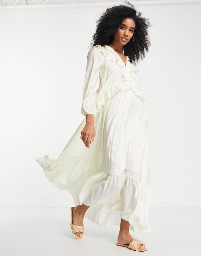 ASOS EDITION maxi dress with v neck and ruffles in cream