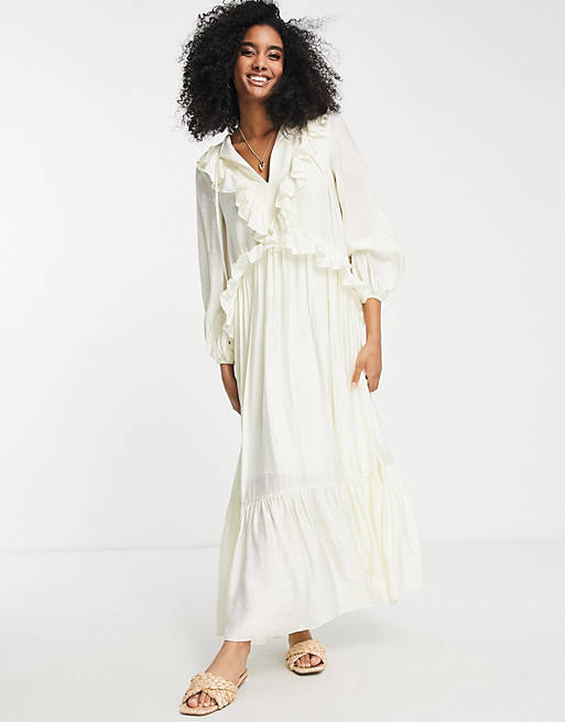 ASOS EDITION maxi dress with v neck and ruffles in cream