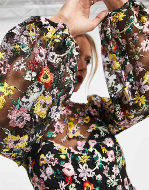 ASOS EDITION Maxi jurk bedekt met geborduurde bloemen in zwart