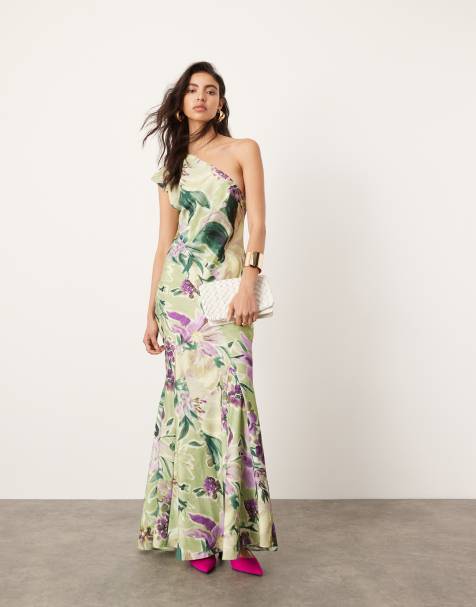 ASOS EDITION - Maxi jurk met blote schouder, naaddetail en volle rok in groen met bloemenprint - view 1