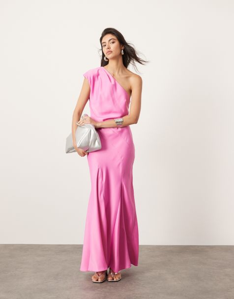 ASOS EDITION - Maxi jurk met blote schouder, naaddetail en volle rok in roze - view 1