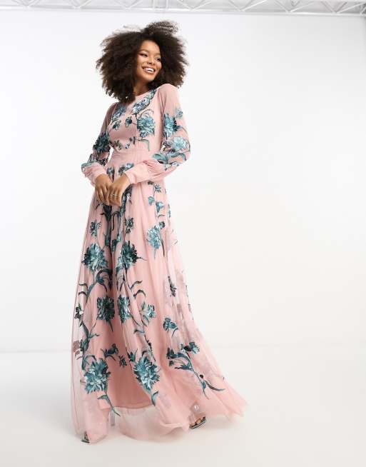 ASOS EDITION Maxi jurk met blousonmouwen geborduurde bloemen en open achterkant in lichtroze