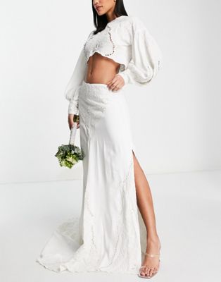 ASOS EDITION maxi skirt with cutwork embroidery and split in ivory - ASOS Price Checker