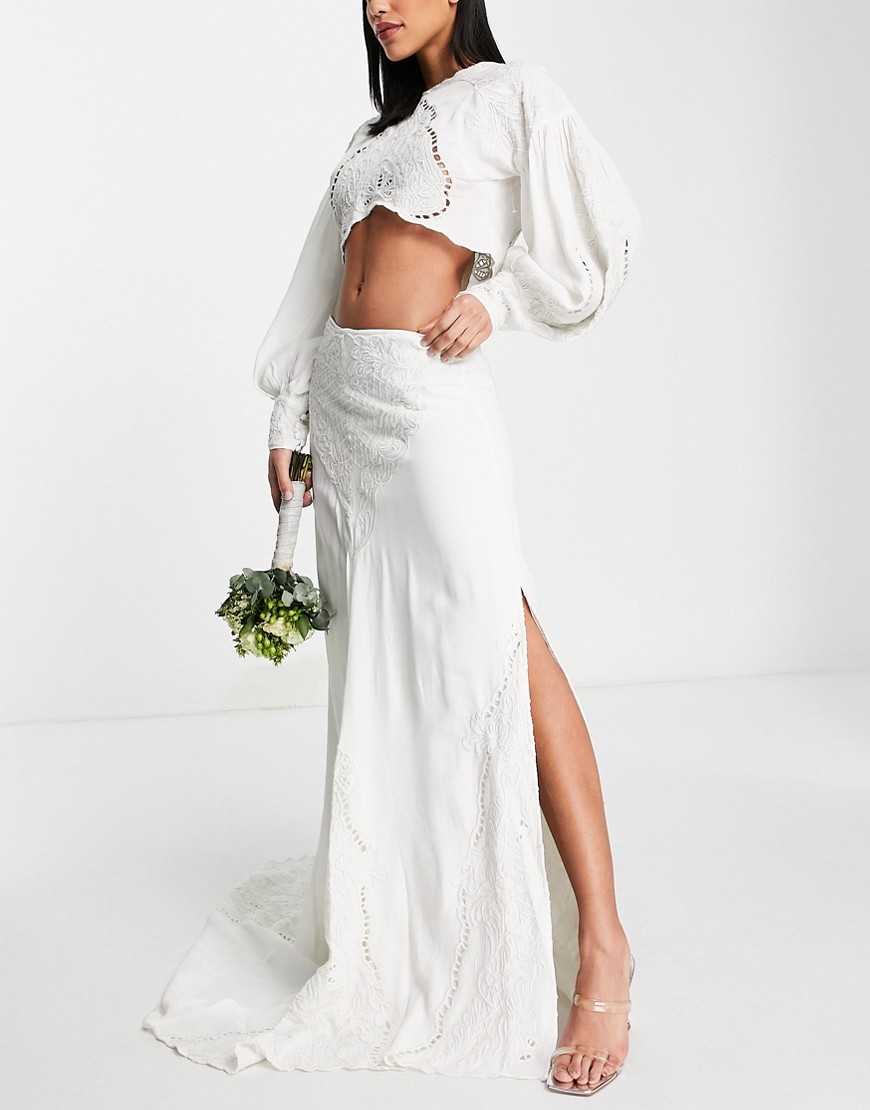 ASOS EDITION maxi skirt with cutwork embroidery and split in ivory-White