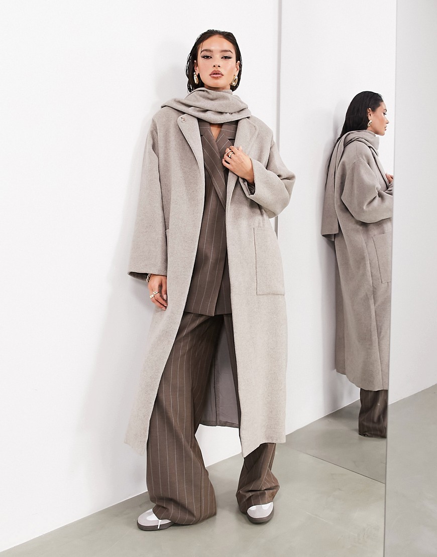 Asos Design Maxi Wool Scarf Coat With Pockets In Taupe-neutral