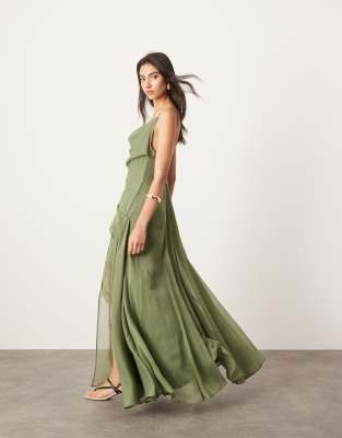 ASOS EDITION - Maxikleid aus Chiffon in Grün mit schmalen Trägern und asymmetrischer Drapierung-Bunt