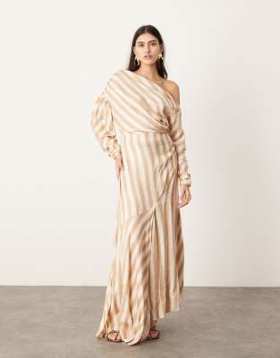 ASOS EDITION - Maxikleid in gestreiftem Steinbeige mit abfallender Schulterpartie-Bunt