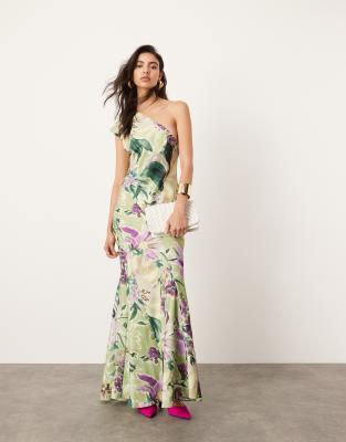 ASOS EDITION - Maxikleid in Grün mit weitem Rock, Ziernähten, Blumenmuster und One-Shoulder-Träger-Bunt