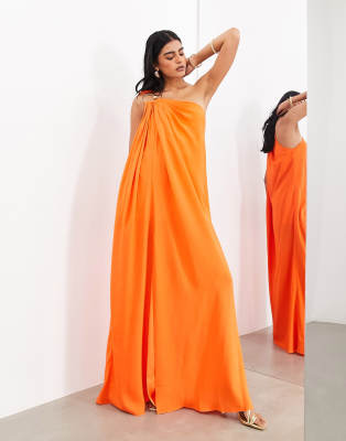 ASOS EDITION - Maxikleid in leuchtendem Orange mit spiralförmigem Besatz und One-Shoulder-Träger-Grün