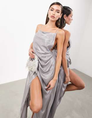 ASOS EDITION - Maxikleid in Metallic-Silber mit schmalen Trägern und Drapierung