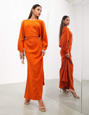 ASOS EDITION - Maxikleid in Rostrot mit seitlicher Raffung und Wasserfallausschnitt am Rücken-Orange