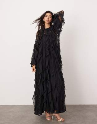 ASOS EDITION - Maxikleid in Schwarz mit Spitzeneinsatz, ungesäumten Kanten und Rüschen