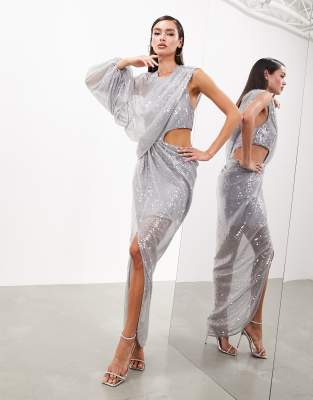 ASOS EDITION - Maxikleid in Silber mit Paillettenbesatz, einem Ärmel und Zierausschnitt