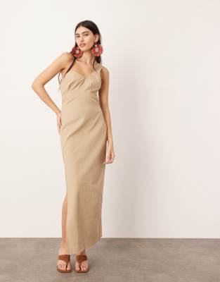 ASOS EDITION - Maxikleid in Steinbeige mit One-Shoulder-Träger und welligem Detail-Neutral