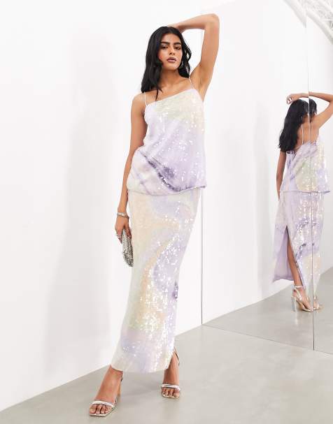 ASOS EDITION – Maxirock in Lila mit abstraktem Wirbelprint und Pailletten, Kombiteil - view 1
